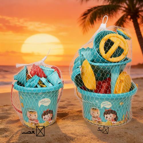 random color 18pcs small beach toy set including cars castle sand molds sand digging tools packaged in a plastic bucket and mesh bag