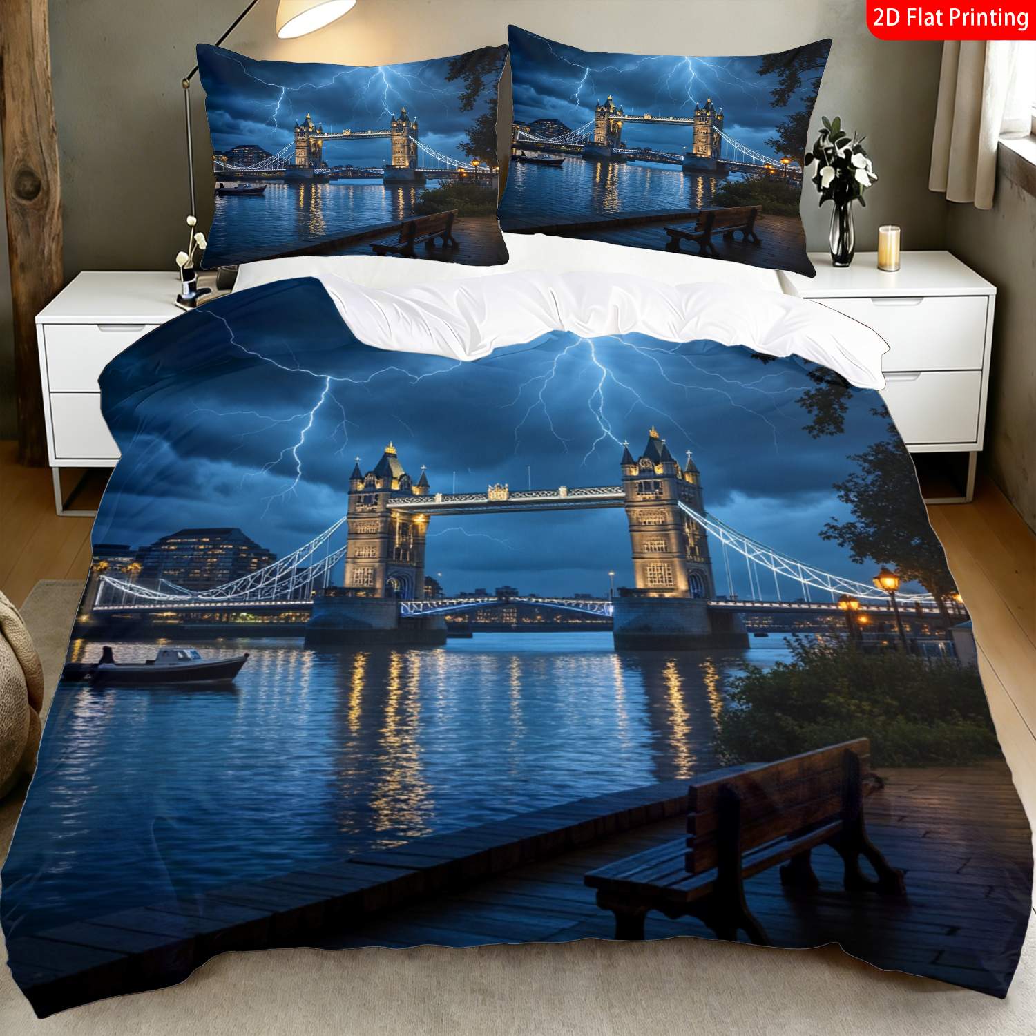 TEMU 2pcs/3pcs Bridge Bedspread - Modern Minimalist British-themed Quilt Cover & Pillowcases Suitable For Occasions, Zippered Bedding Cover With