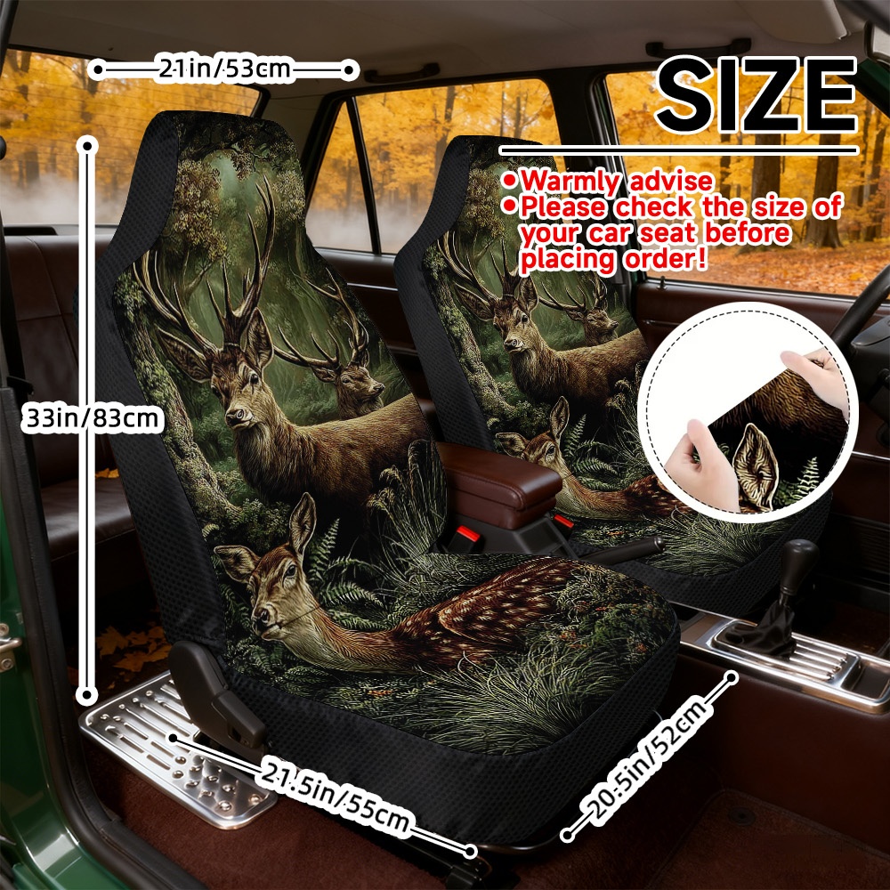 TEMU 2d Flat Printing, 2pcs Car Seat Covers, Universal For Most Cars, Suvs, Trucks, Suv Owners, Deer In Scene Design, Durable Polyester Fabric, ,