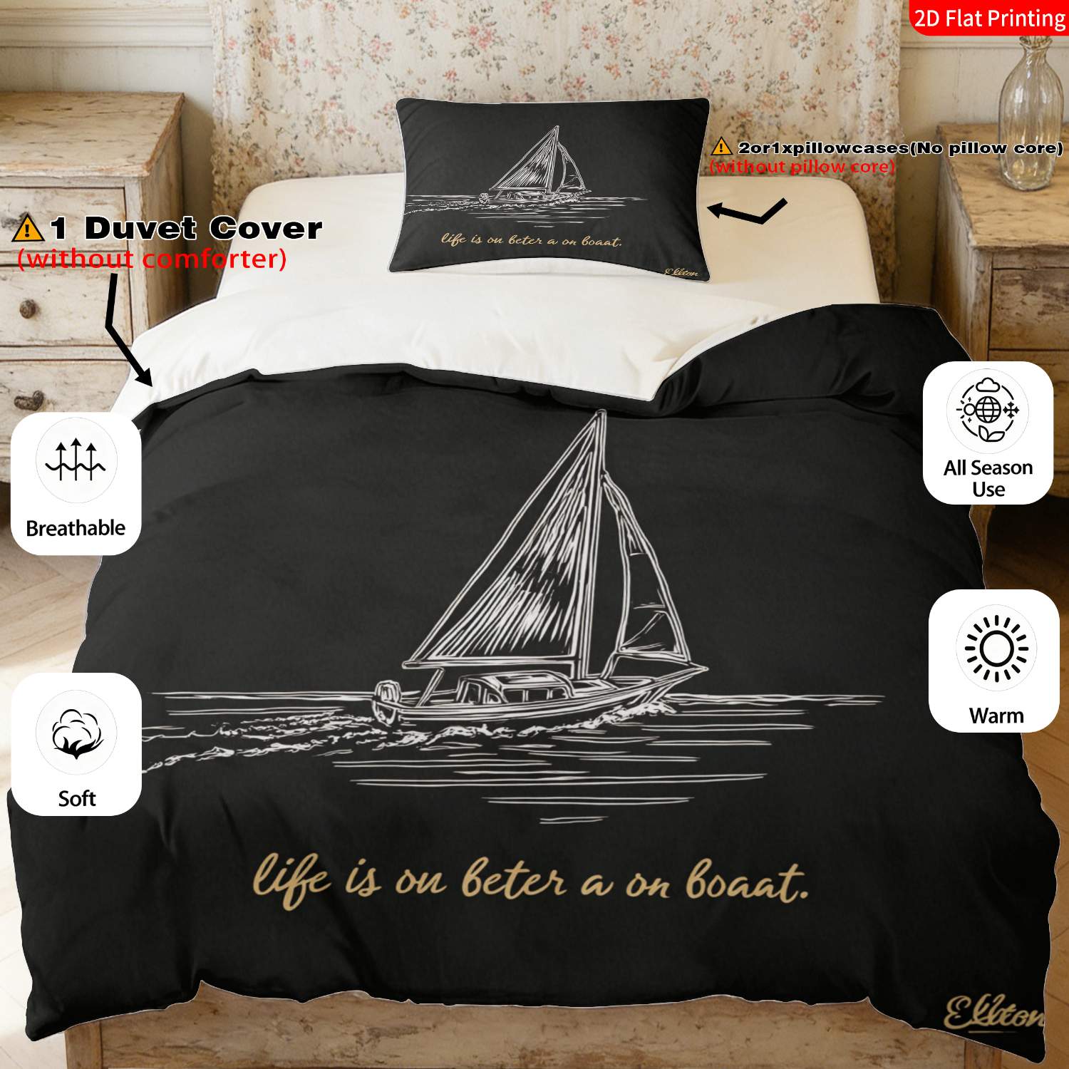 TEMU 2/3pcs 2d Flat Printing Modern Nautical Better On A Boat Quilt Cover Bedding Black White Sailboat & Print Suitable For Occasions(1 Duvet 1/2