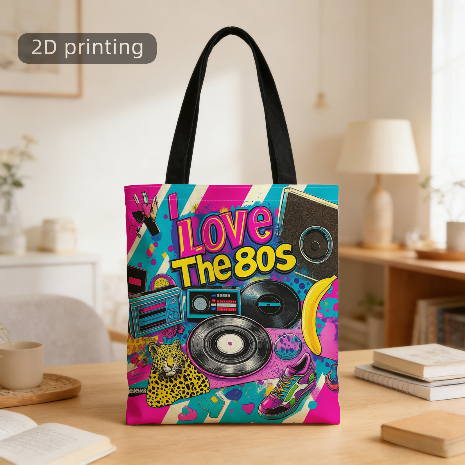 TEMU 1pc 2d Printed Tote Bag, I , Retro Electronics, Vinyl Records, Neon Colors, Vintage Fashion, Reusable, Stylish Shoulder Bag, Tote Bag, Shopping