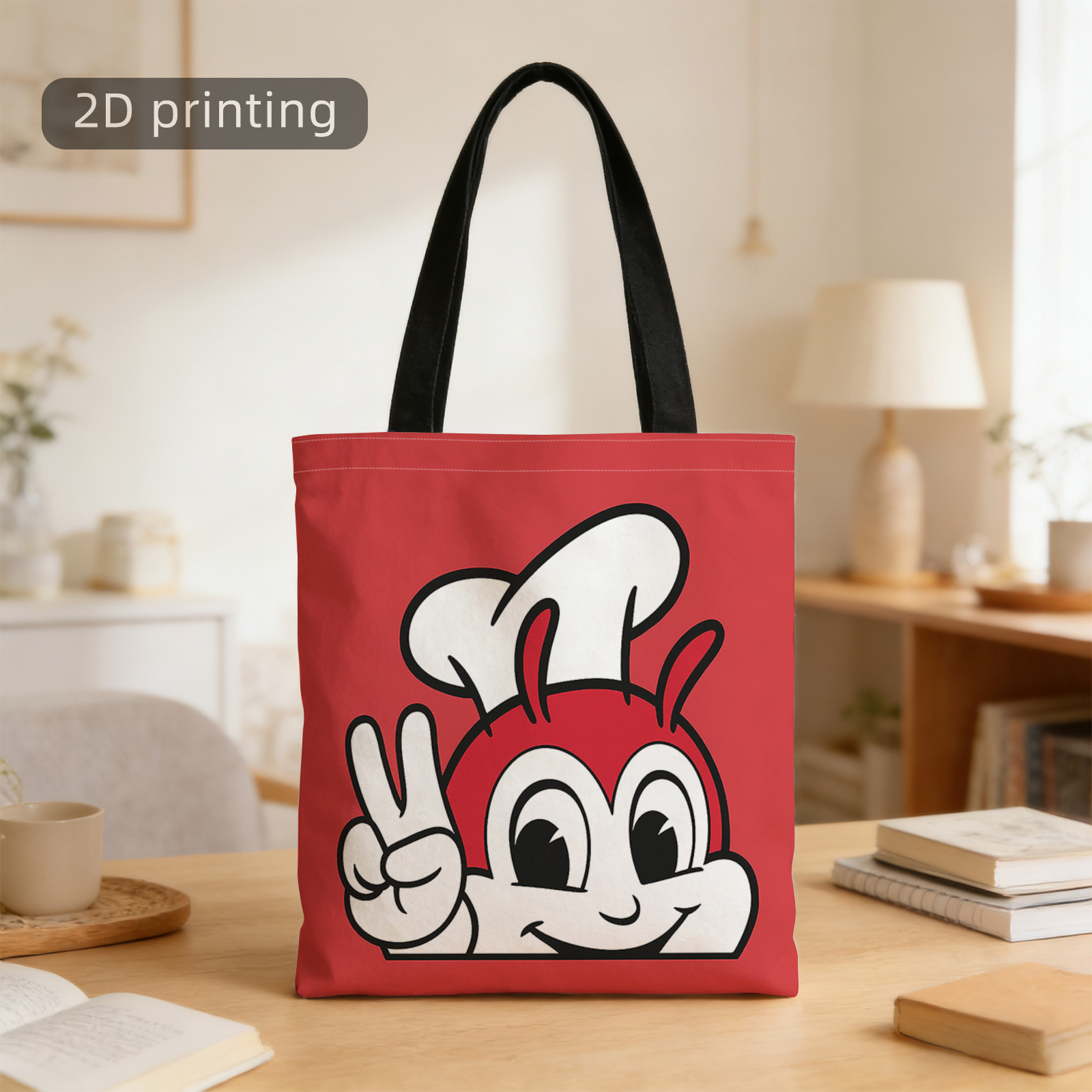 TEMU Fashion Handbag 1pc, 2d Printed Tote Bag, Chef Mascot, Peace Gesture Logo, Red Background, , White Hat, Reusable, Fashion Shoulder Bag, Handbag,