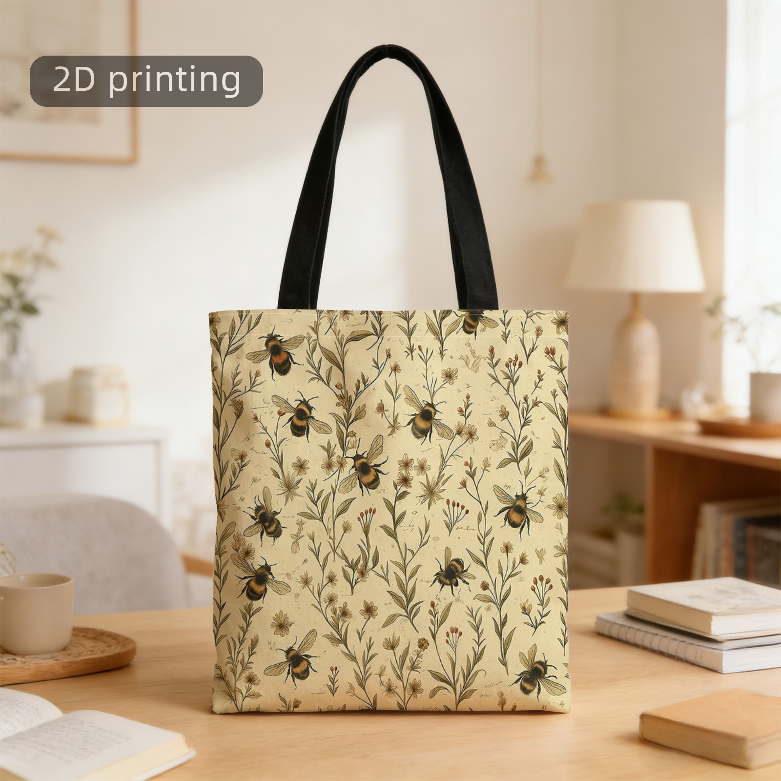 TEMU 1pc 2d Printed Tote Bag, Vintage Style, Bee And Botanical Pattern, Exquisite Details, Cream-colored Base, Reusable, Fashionable Shoulder Bag,