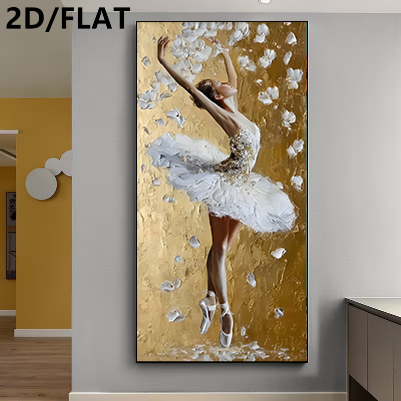 2D plochý obraz na plátně bez rámu, 1 ks 2D/PLYT Elegantní baletka, velká velikost 31.49" X 62.99" (80 X 160 cm), tanečnice v bílém tutu, lehce skákající, obklopená létajícími okvětními lístky, zlaté pozadí. Vhodné do obývacího pokoje, ložnice.
