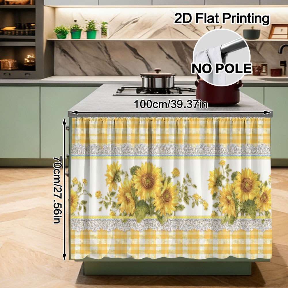TEMU 2d Flat, 1pc, Kitchen Curtain With Yellow Checkered Sunflower Border Design, Rod Bag Installation, Easy To Set Up, Polyester Material, Perfect