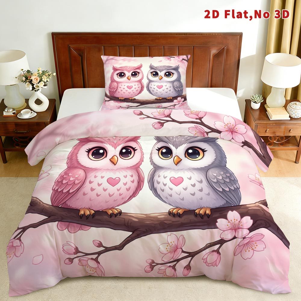 TEMU This Bedding Features A Owl And Cherry Design, In Queen, King, And Full Sizes. It Includes 1 Duvet Cover And 1 Or 2 Pillowcases, Is Machine