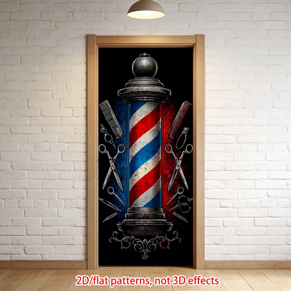 1pc of 2d flat printed door sticker featuring a barbershop pole and tools made of pvc this wall sticker is ideal for outdoor and home garden decoration and is suitable for enhancing the decor of bedrooms kitchens and living rooms