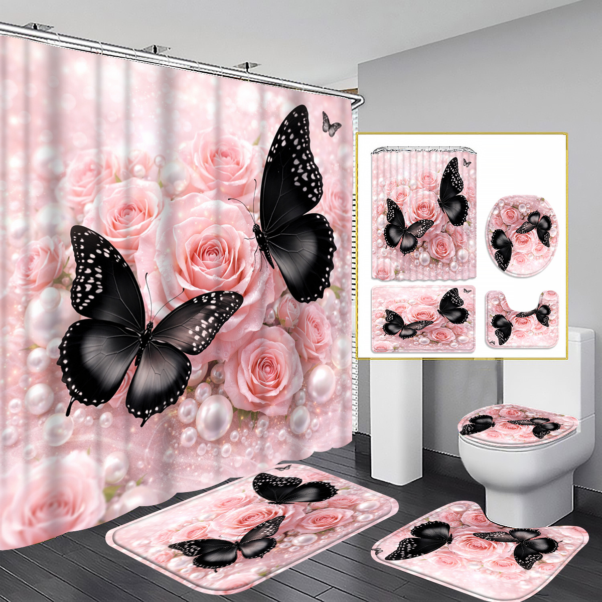 TEMU 2d Flat 4pcs And Curtain Set, Pink Rose With Black Bathroom Decor, Accessories With Bath Mat, U - Shaped Mat, Toilet Lid Cover, 12 Hooks
