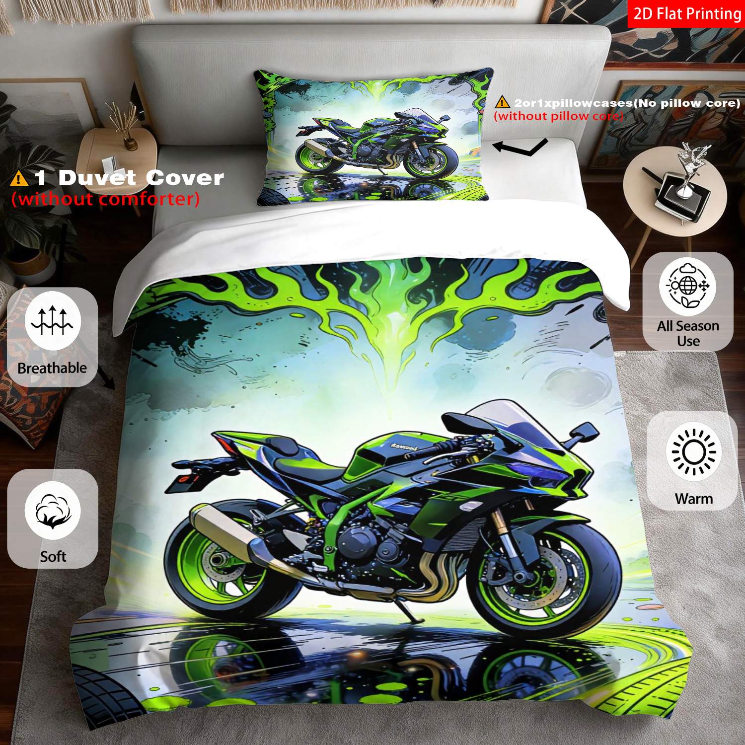 TEMU 2/3pcs 2d Flat Printing Modern Abstract Motorcycle Quilt Cover Bedding Green Black Flame Gear Print Pattern Suitable For Occasions(1 Duvet 1/2
