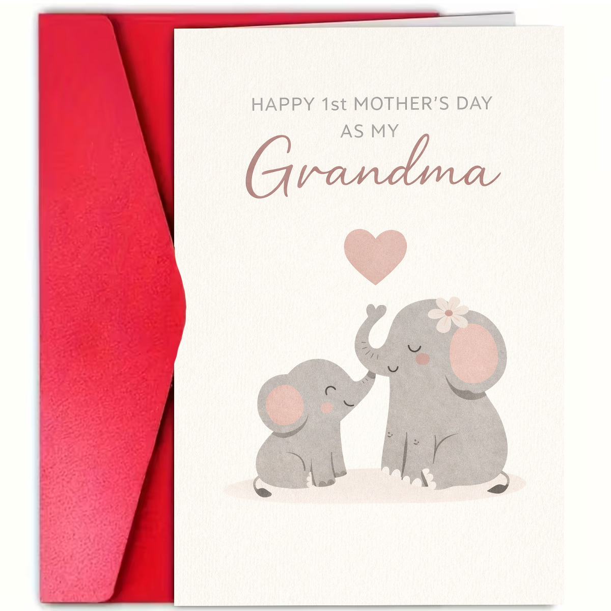 E-shop Eine süße -Muttertagskarte mit zwei Elefanten und einem Herz, das "Happy First Mother's Day As My Grandma" (Glückwunsch zum ersten Muttertag als