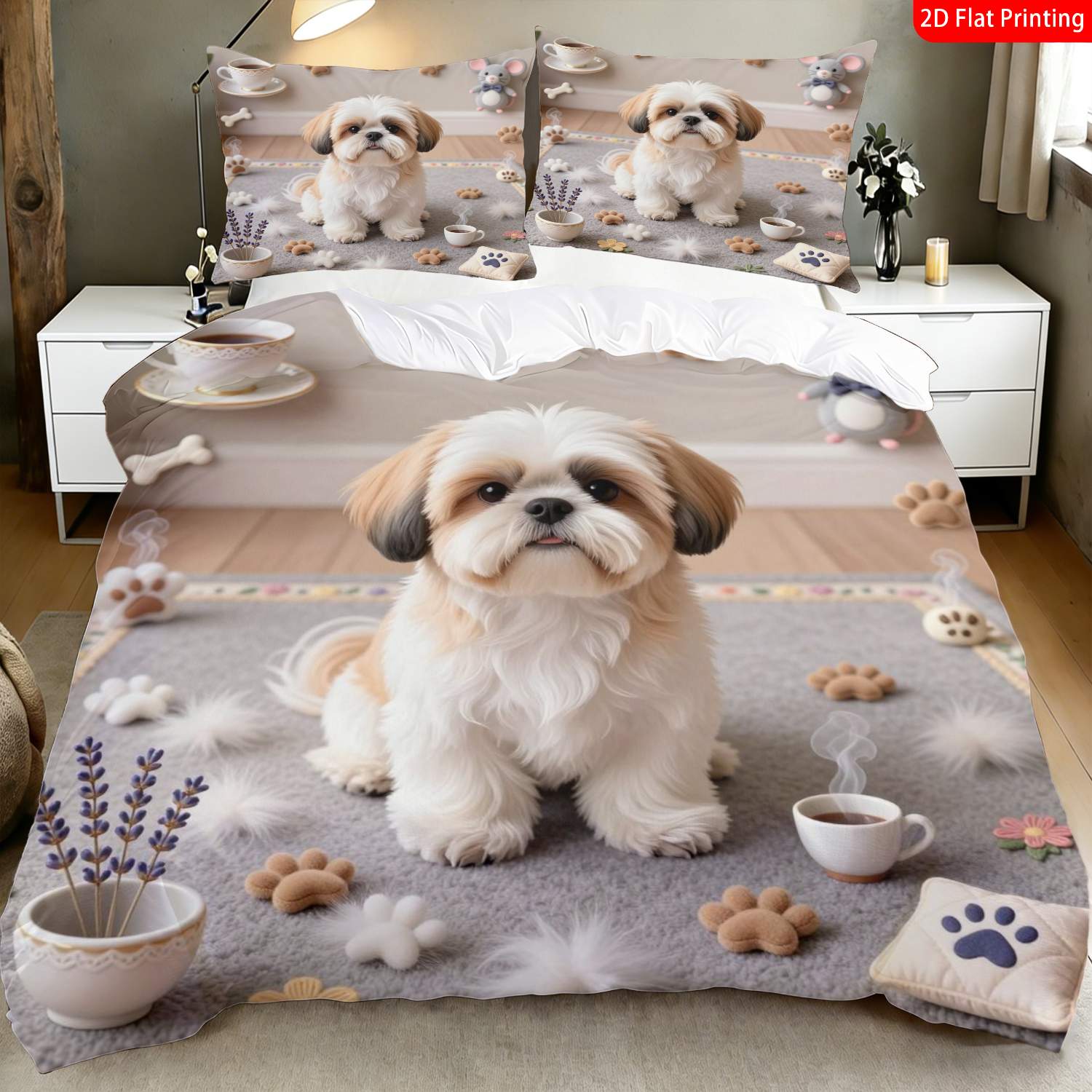 TEMU 2/3pcs 2d Flat Printing Cute Cartoon Style Pet Dog Theme Quilt Cover Bedding Beige White Animal Print Pattern Suitable For Occasions(1 Duvet 1/2