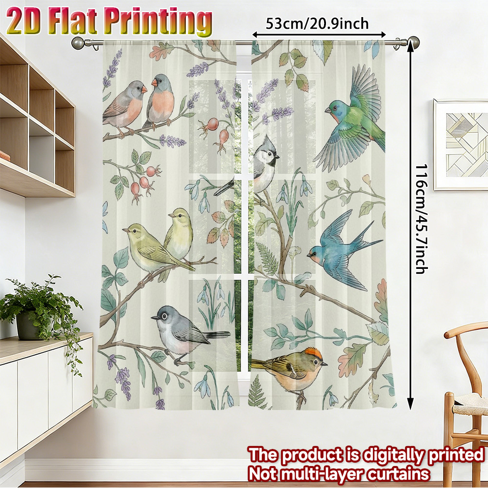TEMU 2d Flat Print,2pcs Birds And Branches Room Window Screen Semi-transparent Privacy Gauze, Breathable Polyester Chiffon, (rod Not Included)
