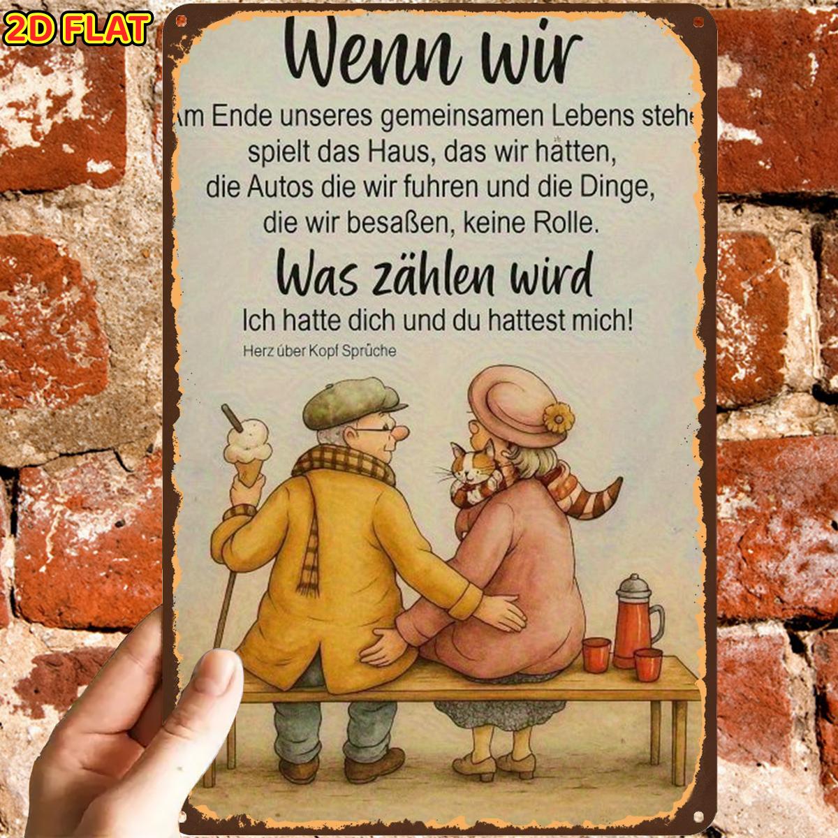 E-shop 2D-Flach, 2D-Flach, ., Retro Vintage Kunst-Druck mit Zitat Paares auf einer Bank sitzend, Metall-Blechschild, vorgebohrte Löcher, geeignet für