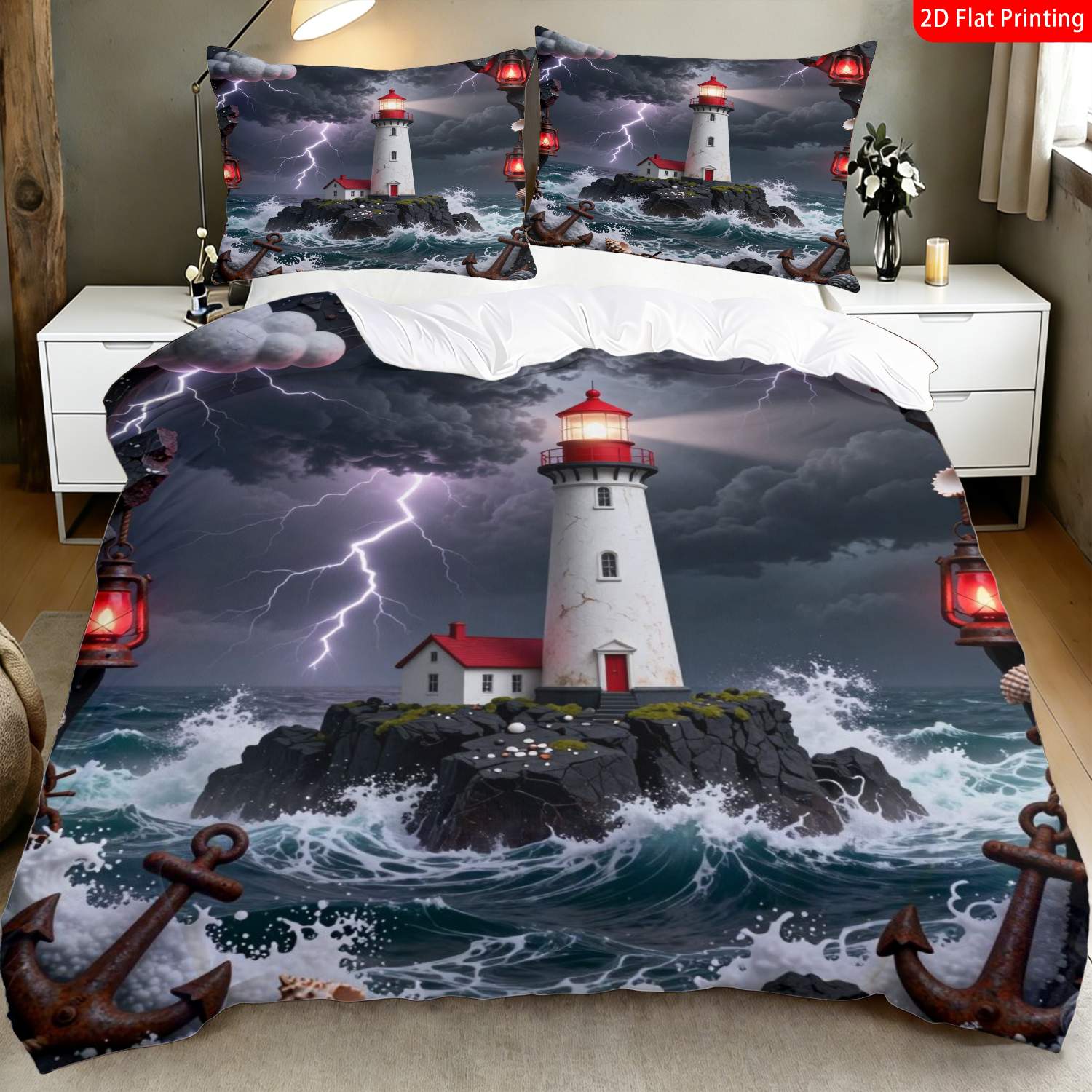TEMU 2/3pcs 2d Flat Printing Nautical Themed Quilt Cover Bedding, Navy , Lighthouse With Ocean Print, Suitable For Occasions(1 Duvet 1/2 Pillowcases,