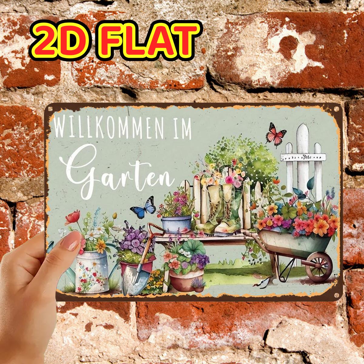 E-shop 2D-Flach, ., Retro Vintage Garten-Willkommensschild mit Blumen Stiefeln, Metall-Blechschild, vorgebohrte Löcher, geeignet für Innenbereich,