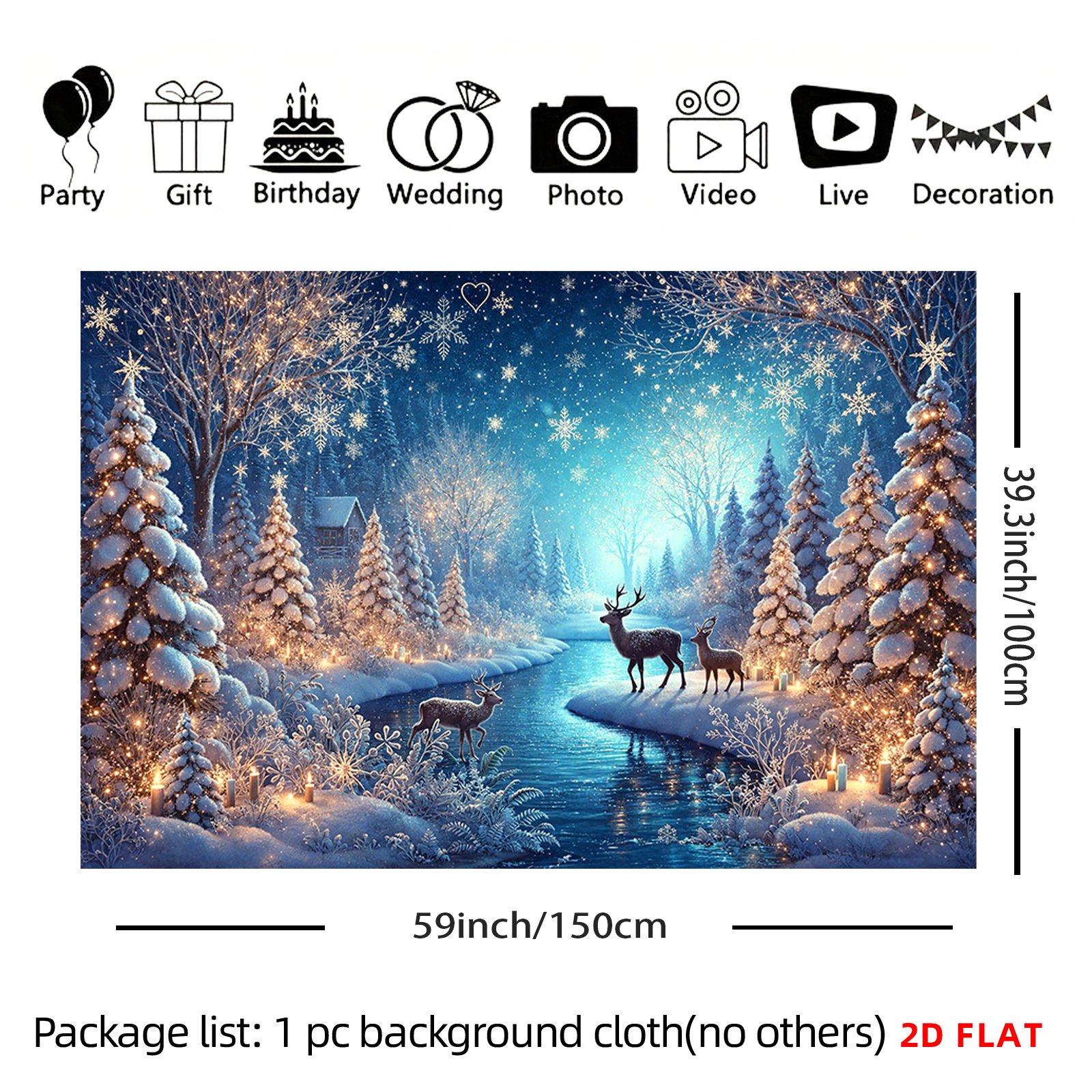 TEMU 2d Flat - 2d Flat - A Tapestry Featuring A Large Or Small Design Of A Winter Wonderland With Snow, Stars, Deer, And Lights, Decorating Walls In
