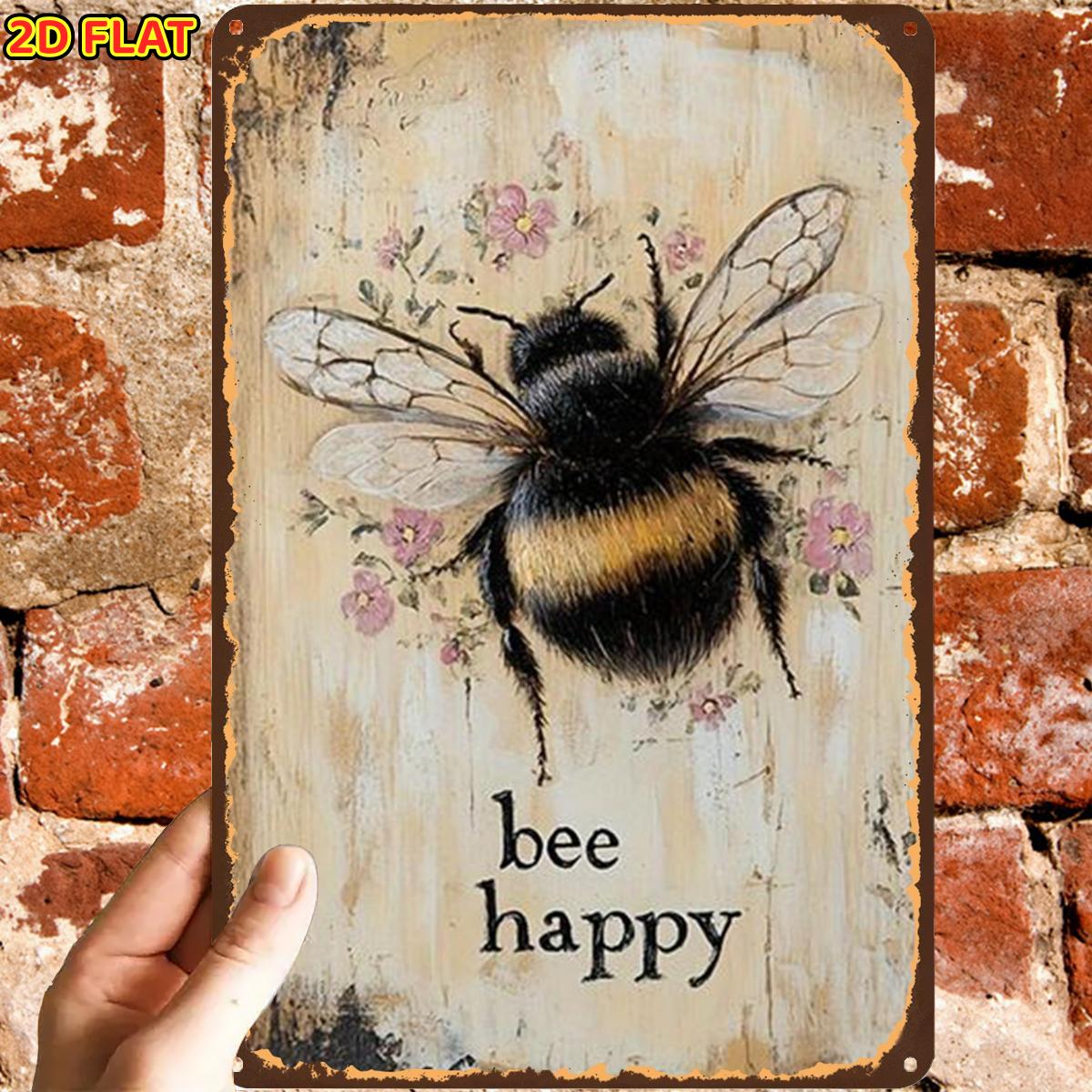 E-shop 2D-Flach, 2D-Flach, ., VintageBee -Kunstdruck-Metallblechschild, vorgebohrte Löcher, geeignet für Innenbereich, Garten, Außenbereich, Zuhause,