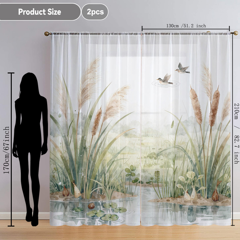 TEMU 2pcs Watercolor Style Scenery Printed Home Decor Sheer Curtain Reed Birds Water Scene Flowing Curtain Drapes For Kitchen Cafe Restaurant Balcony