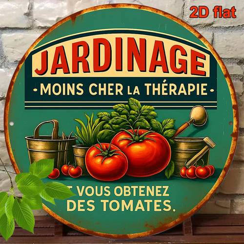 2d plat - 1pc 8*8in/20x20cm panneau rond plat 2d, plaque vintage sur le thème de jardinage, panneau décoratif de jardin, convient pour la décoration de divers scènes que cuisine, balcon, salle à manger, jardin, bureau, salon, etc