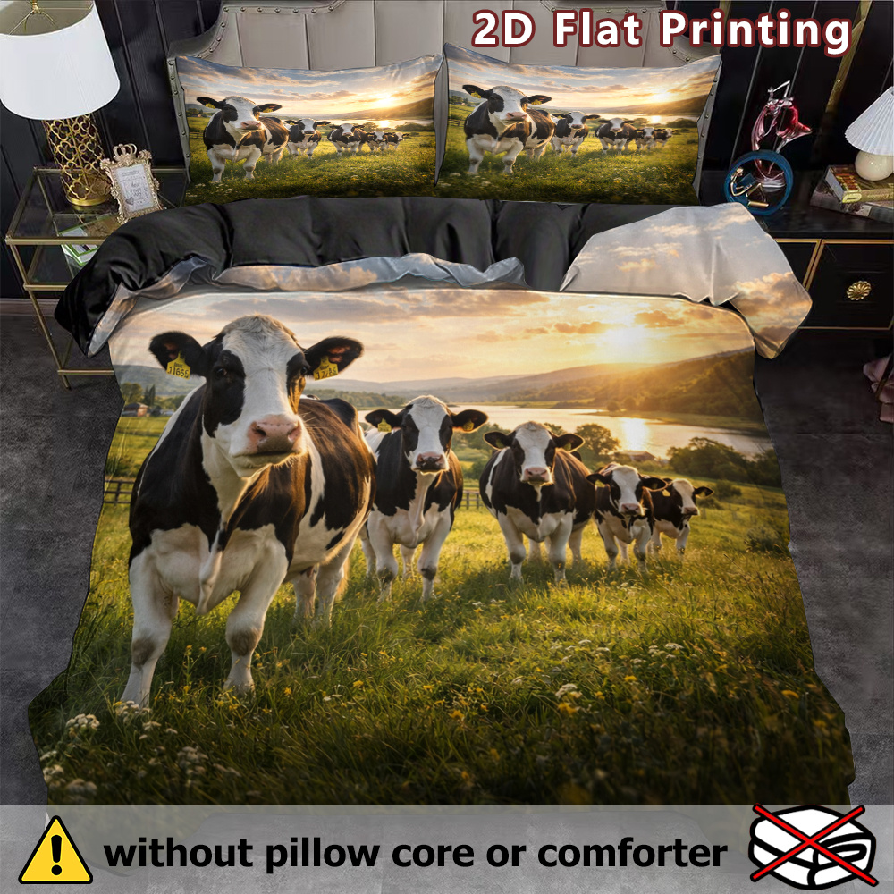 TEMU Set Of 3pcs Featuring A Duvet Cover And Pillowcases With A Cow And Design, Made From Breathable Polyester Suitable For , Machine Washable,