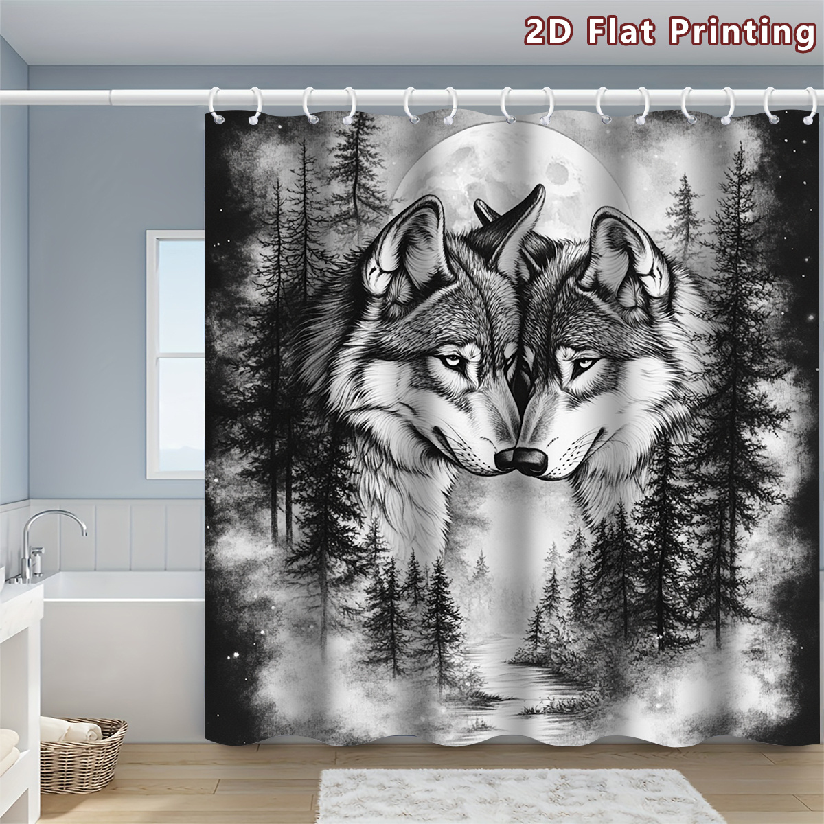 TEMU 2d Flat, 1pc 2d Flat Wolf And Forest Curtain, Bathroom Decor, Options (80x180cm, 120x180cm, 150x180cm, 180x180cm, 180x200cm, 240x200cm) Includes