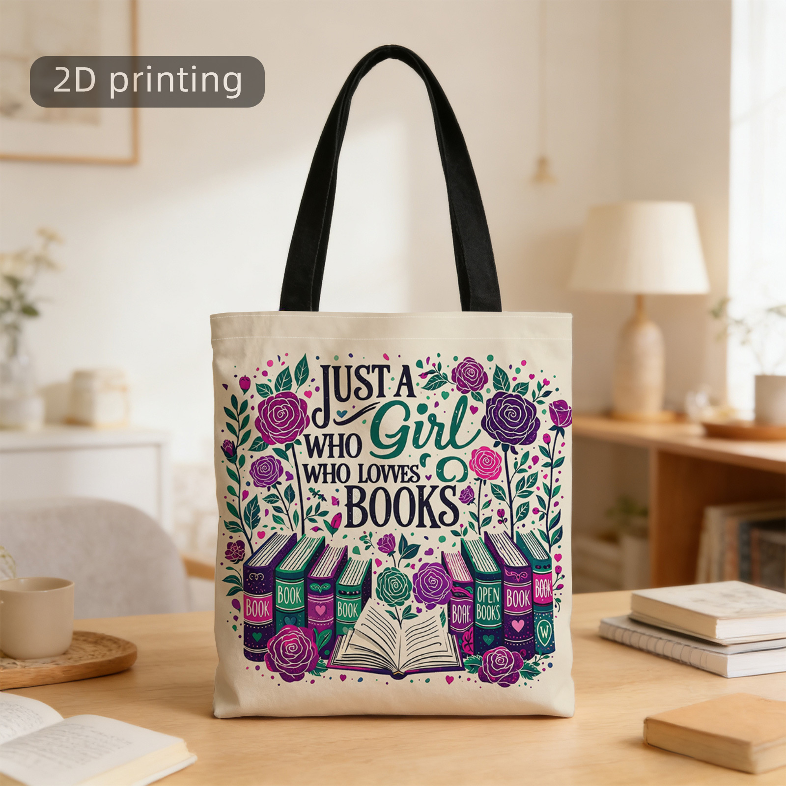 TEMU Fashionable Handbag, 1pc, 2d Printed Tote Bag With A Book Lover Theme, With Designs Of Roses, Hearts, And . This Reusable And Stylish Shoulder