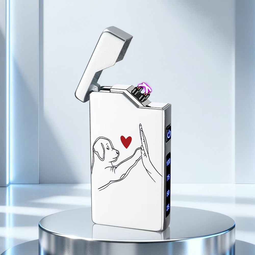 TEMU Rechargeable Lighter Featuring A Black And White Line-drawn Dog And Human Hand With A Red . , Windproof, Dual Arc, Gift Box Packaging. Outdoor