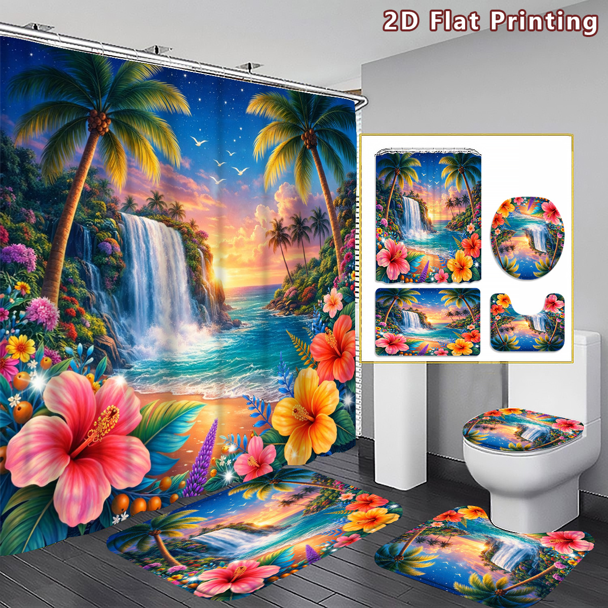 TEMU 2d Flat, 4pcs 2d Flat Tropical Paradise Shower Curtain Set, Colorful Waterfall And Floral Bathroom Decor, Accessories With Bath Mat, U - Shaped