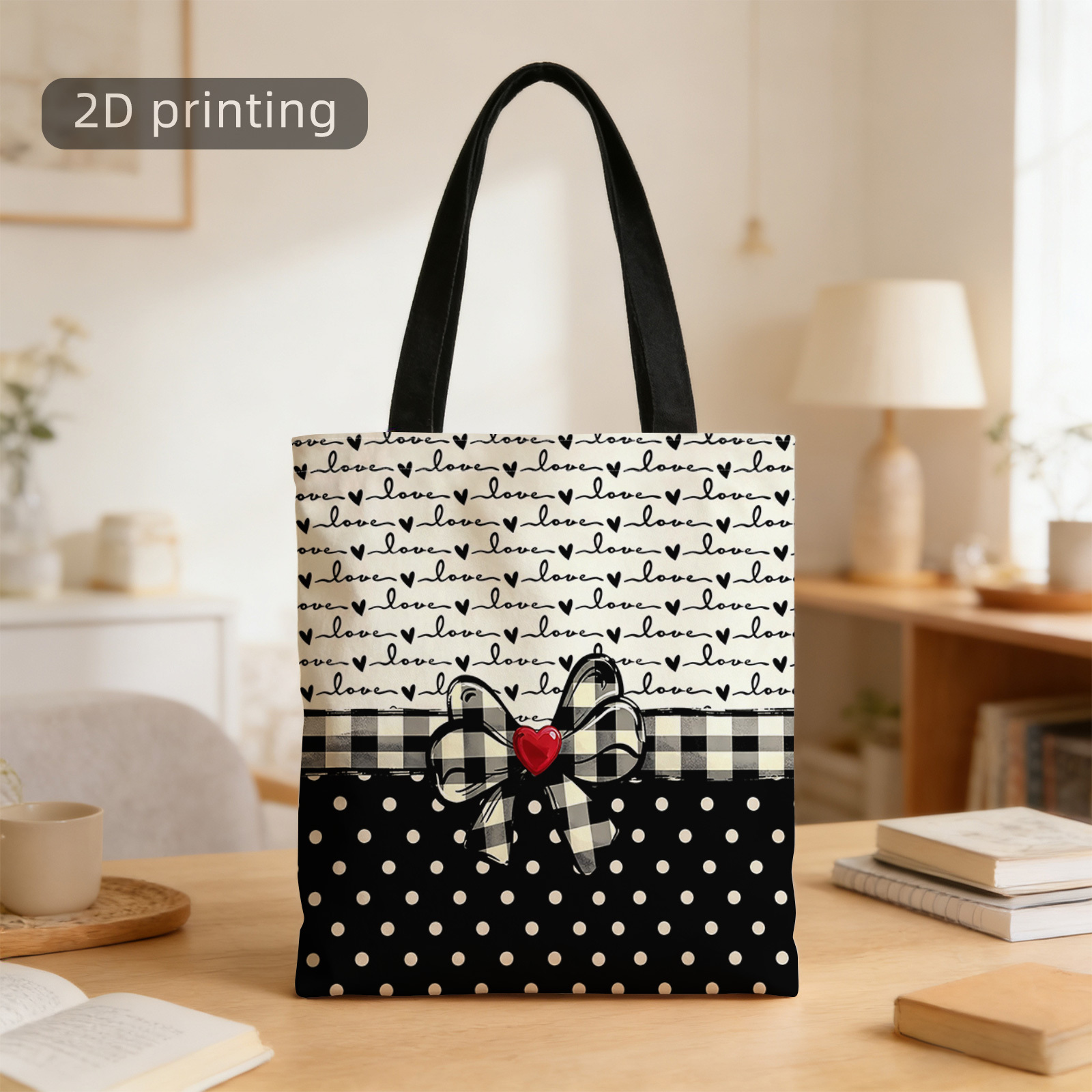 TEMU 1pc 2d Printed Tote Bag, , Ribbon, Black Polka Dots, Red Heart, Monochrome Pattern, Reusable, Stylish Shoulder Bag, Tote Bag, Shopping Bag,