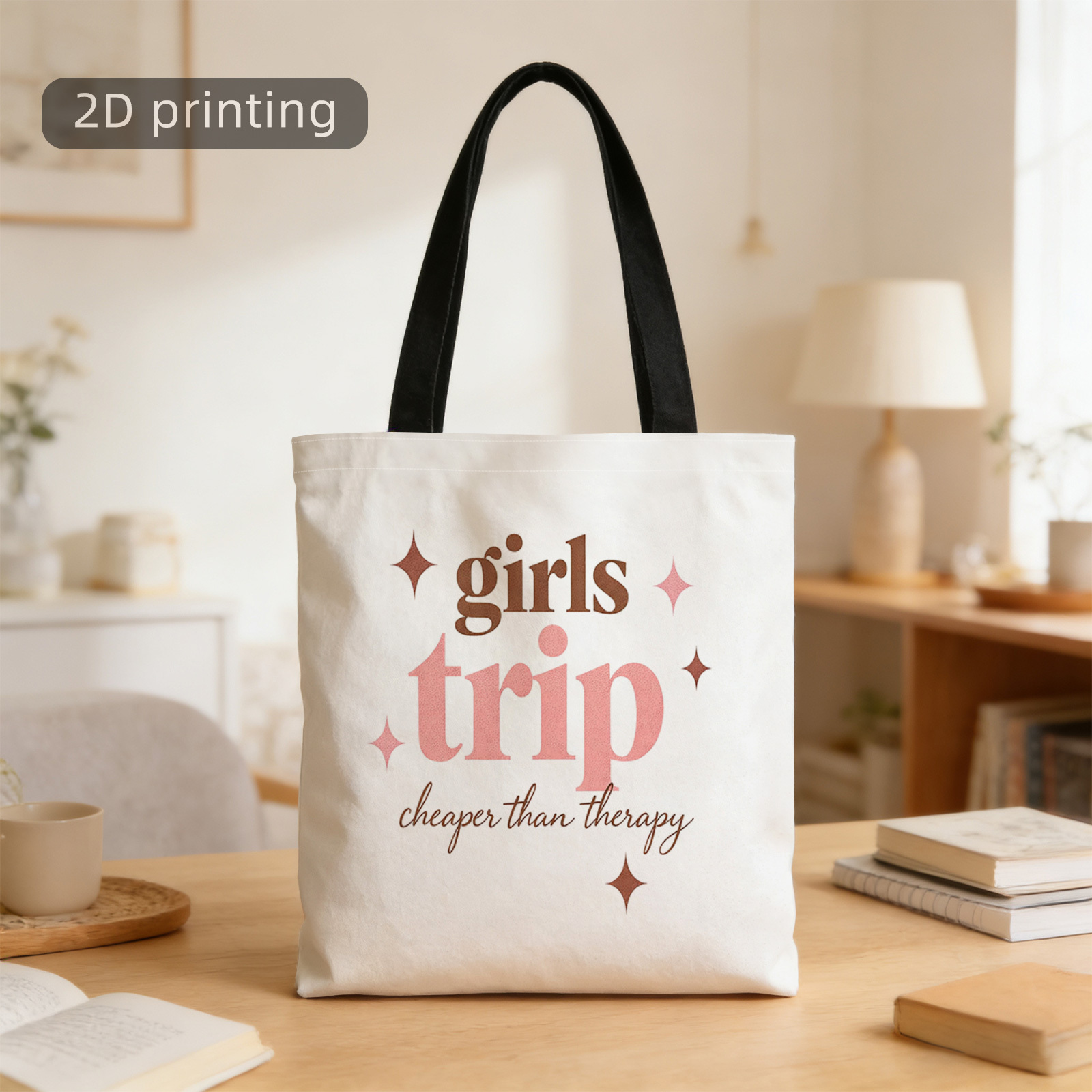 TEMU A 2d Printed Tote Bag With A "travel" Design Theme, Featuring "cheaper Than Relax" In Pink And Brown Text. This Stylish Single-shoulder Bag Is