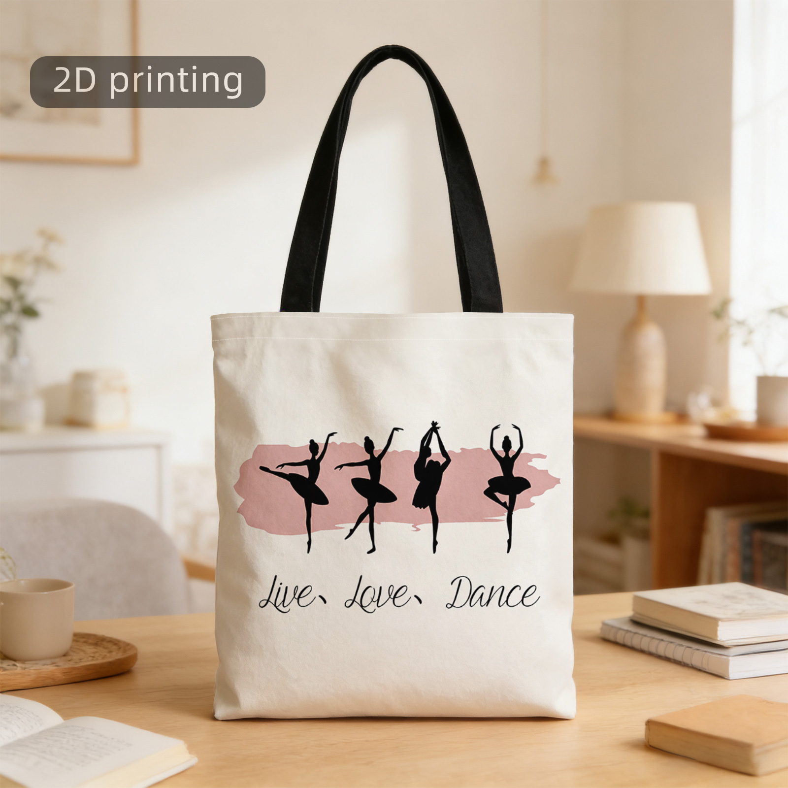 TEMU 1pc [tote Bag] 2d Flat Effect, Base With Ballet Dancer Silhouette Print Bag, Easy Literary Style, 4 Dancing Design With "live " Slogan, Large
