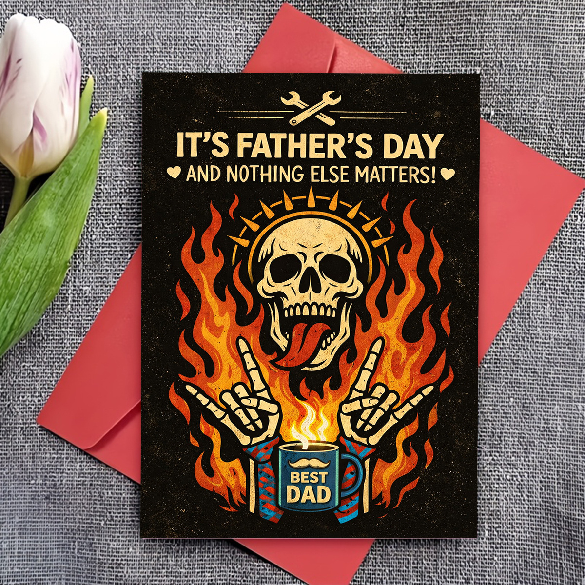 TEMU 1pc Edgy Fathers Day Greeting Card, Flaming Mug Says Best For Dad, Suitable For Dad Or Husband, Fathers Day, Vintage Grunge, Heavy Card