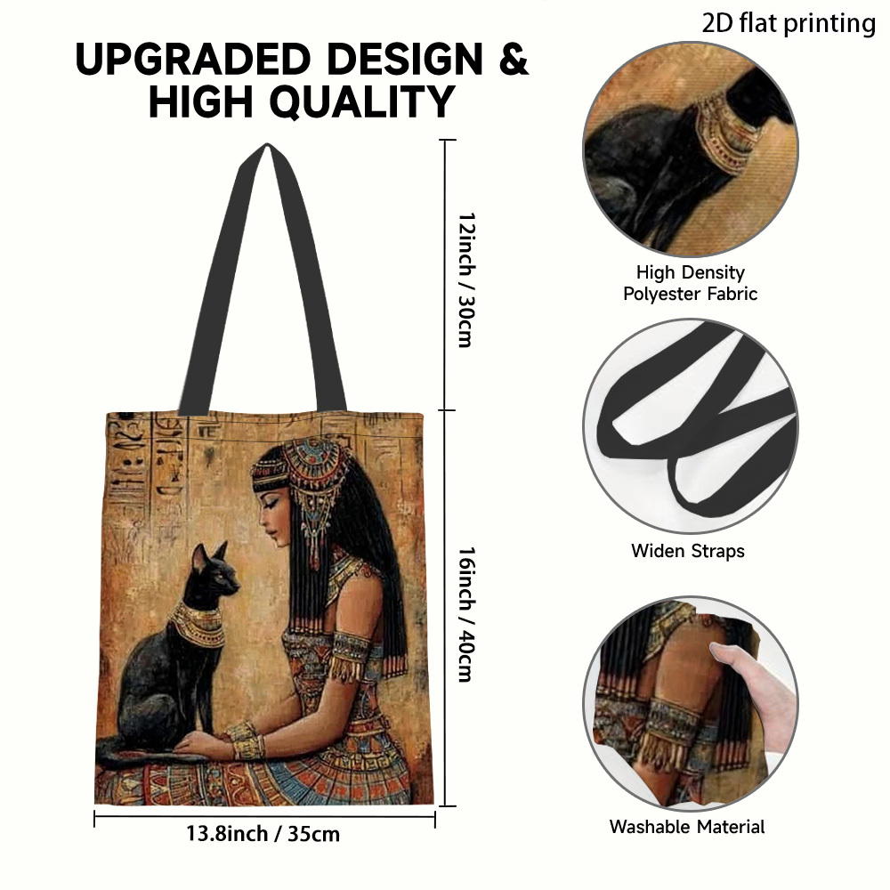 TEMU 1pc Ancient Egyptian Woman & Cat Tote Bag - Egyptian-themed Leakproof Polyester Crossbody Bag With Print, Suitable For School, Graduation Gifts,