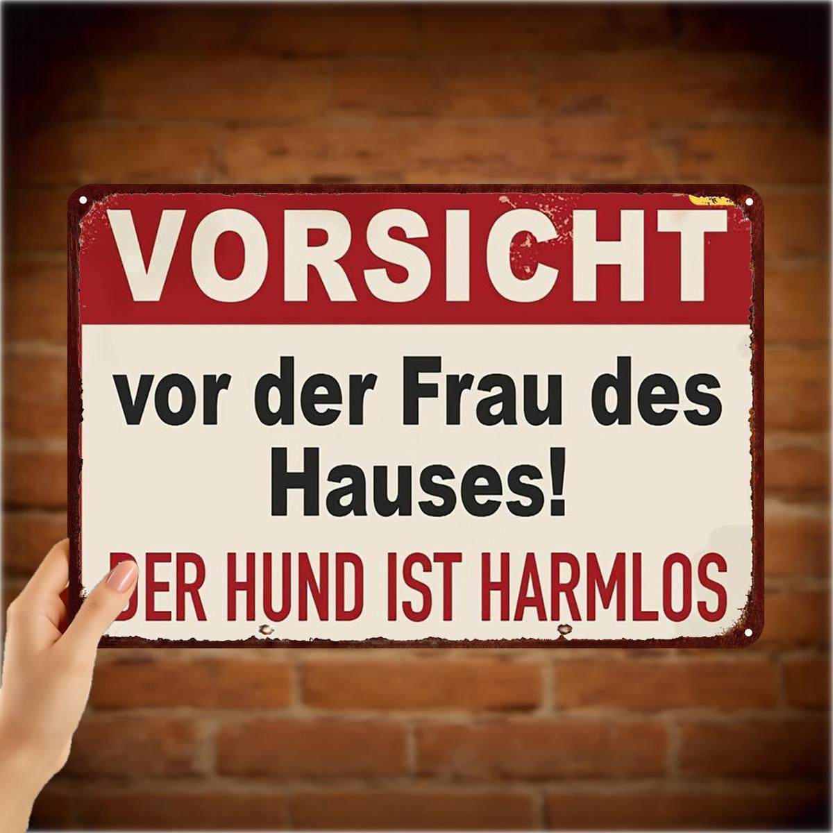 E-shop 2D Flach ., "Vorsicht: Sei vorsichtig vor der Hausherrin! Der Hund ist " - Metallschild Kunst Deko im Vintage-Stil 8×12 Zoll