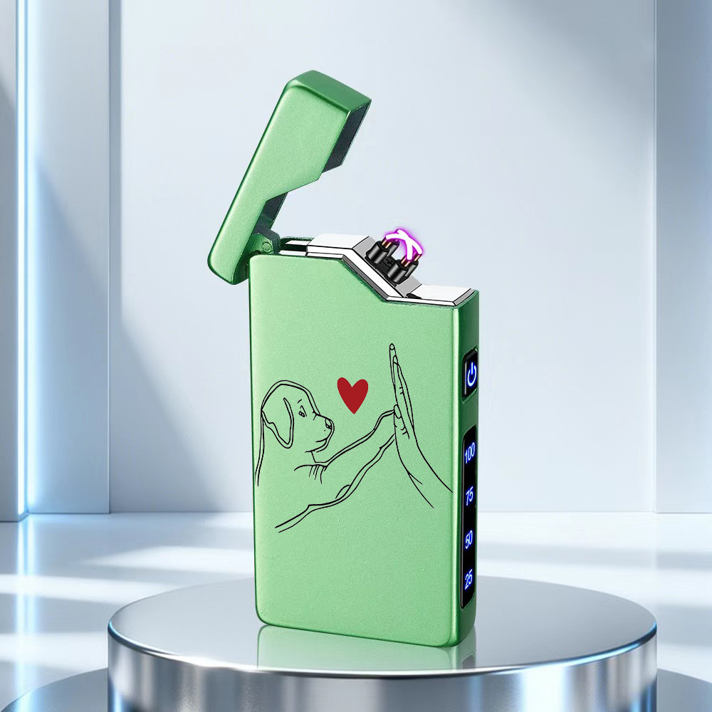 TEMU Rechargeable Lighter Featuring A Black And White Line-drawn Dog And Human Hand With A Red . , Windproof, Dual Arc, Gift Box Packaging. Outdoor