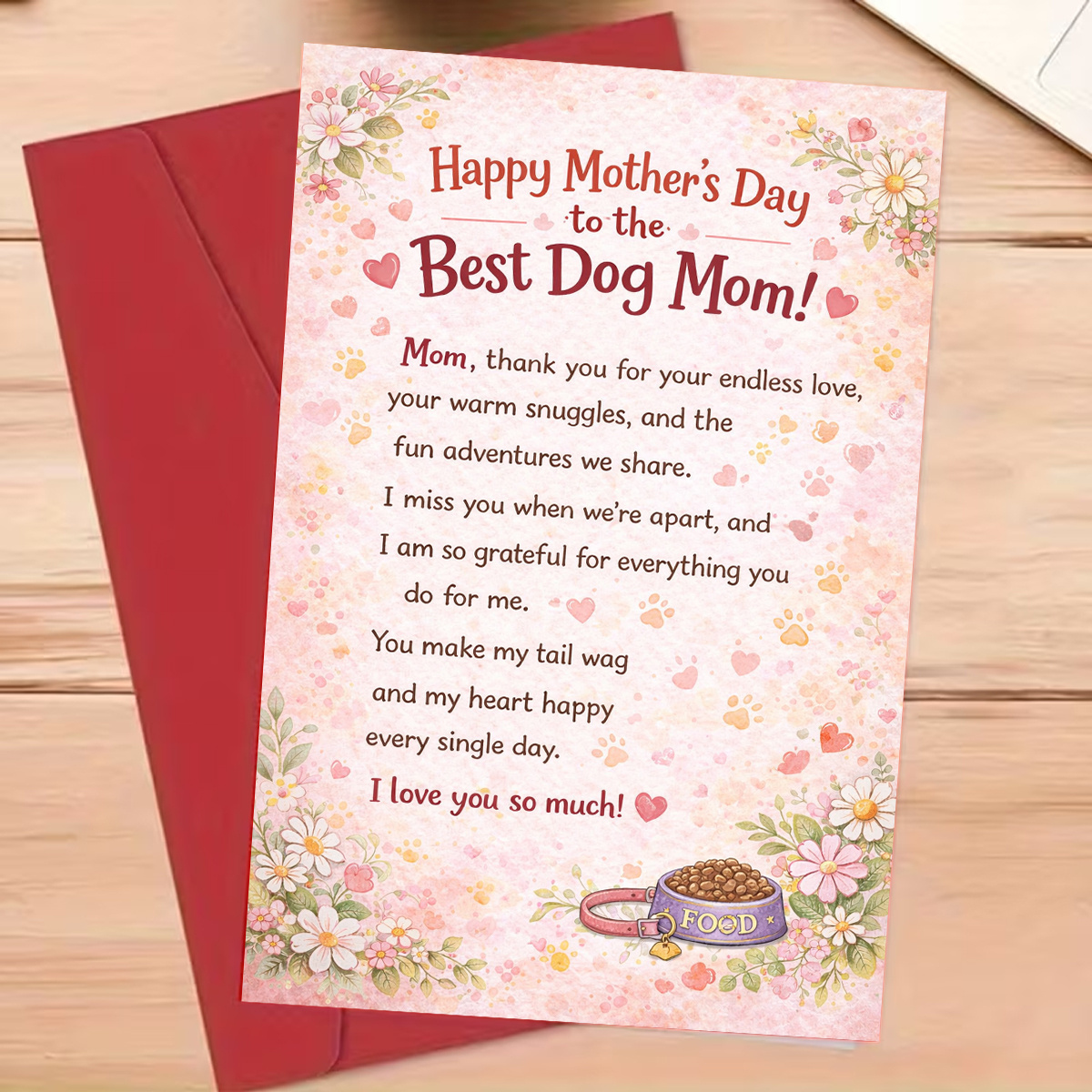 TEMU 1pc Mother's Day Greeting Card, Pink Floral Background With And Dog Bowl, "best Dog Mom Love," Suitable For Dog Mom Or Pet Parent, Mother's Day,