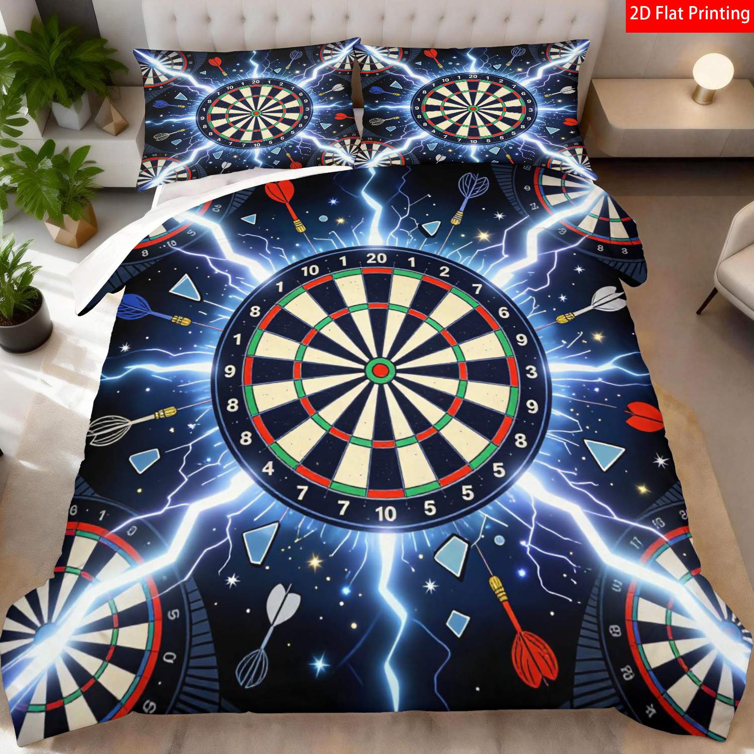 TEMU 2/3pcs 2d Flat Printing Modern Dynamic Dartboard Pattern Quilt Cover Bedding Black Blue Lightning Dart Print Design Suitable For Occasions(1