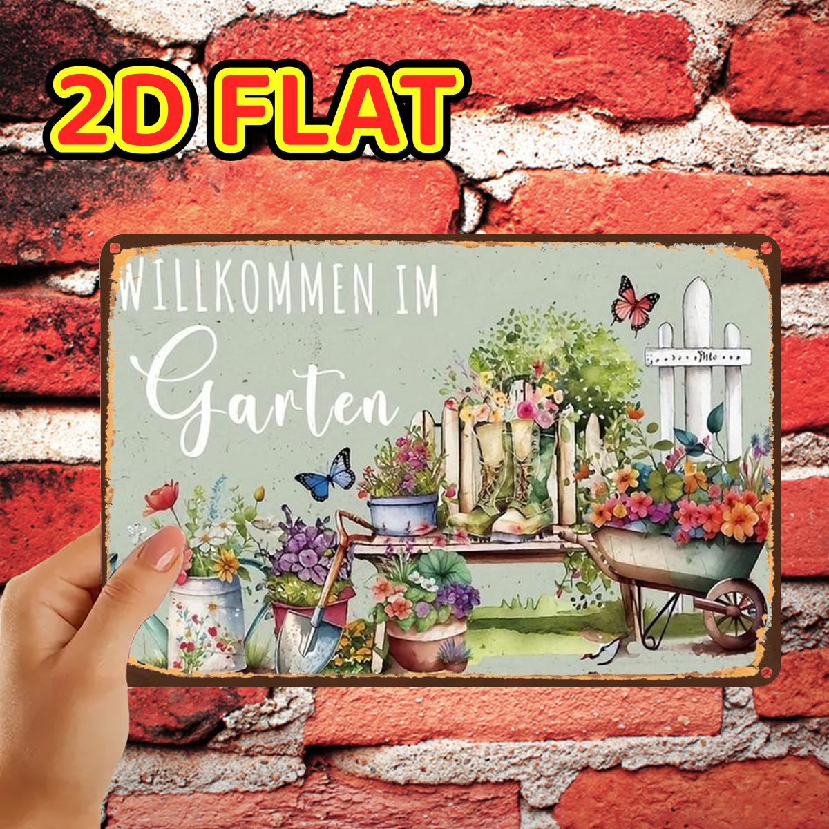 E-shop 2D-Flach, 2D-Flach, ., Vintage-Garten-Willkommensschild mit Schmetterlingen Stiefeln, Metall-Blechschild, vorgebohrte Löcher, geeignet für