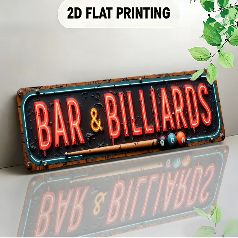 TEMU 2d Flat - A Retro-style Neon Sign In 2d Flat Design, Showcasing For Bar Billiards With Cue And Ball , Perfect For Bars, Game Rooms, And Social