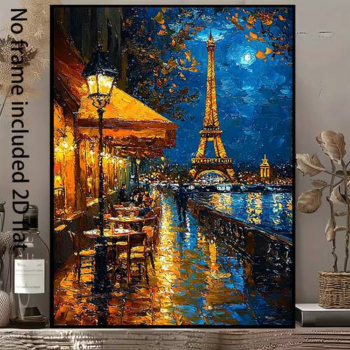 2d flat 2d flat a frameless canvas painting featuring a night scene of paris streets with tower shining under the moonlight and lights sizes are 8x12 12x18 16x24 20x30 and 24x36 inches