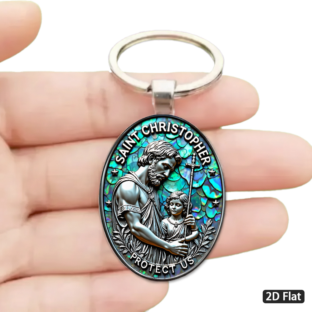 TEMU 2d Flat, 1pc 2d Flat Exquisite Silvery Oval Keychain, Engraved With And A Pattern, Smooth Polished Surface, With A Abalone Shell Background,