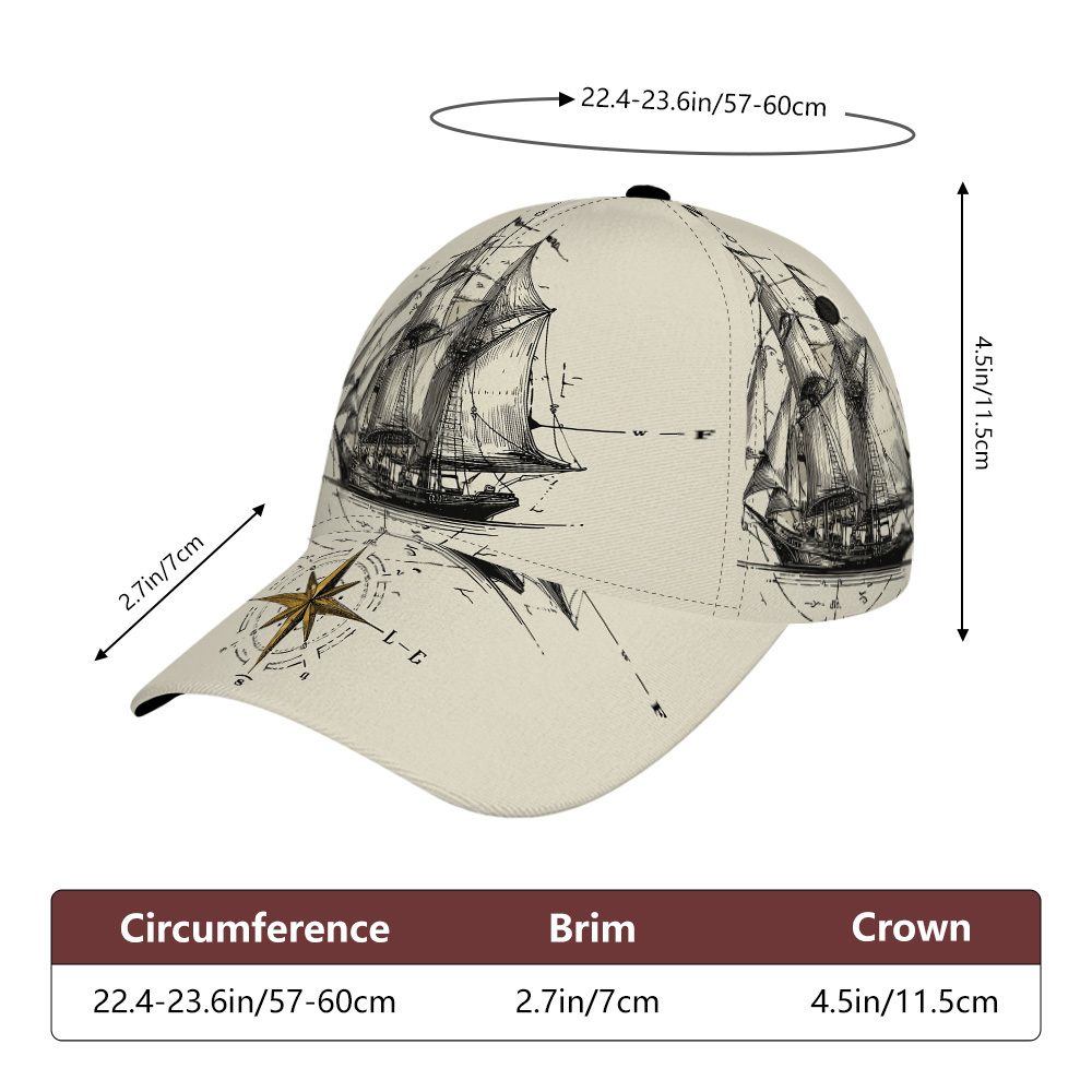TEMU 1pc Nautical Sailboat Print Baseball Cap With Adjustable Snapback - Lightweight Polyester Suitable For Running, Streetwear, Sports, Parties &