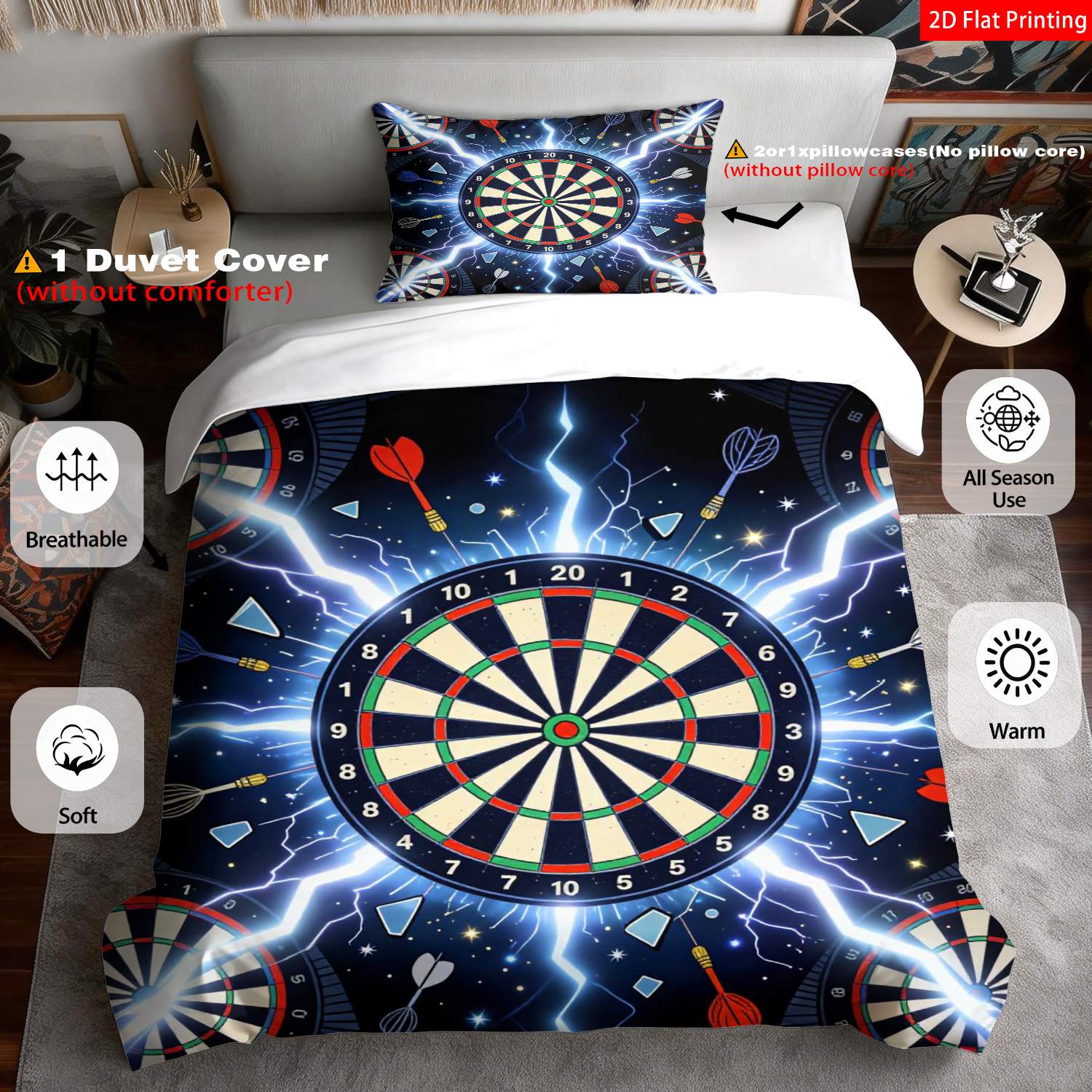 TEMU 2/3pcs 2d Flat Printing Modern Dynamic Dartboard Pattern Quilt Cover Bedding Black Blue Lightning Dart Print Design Suitable For Occasions(1