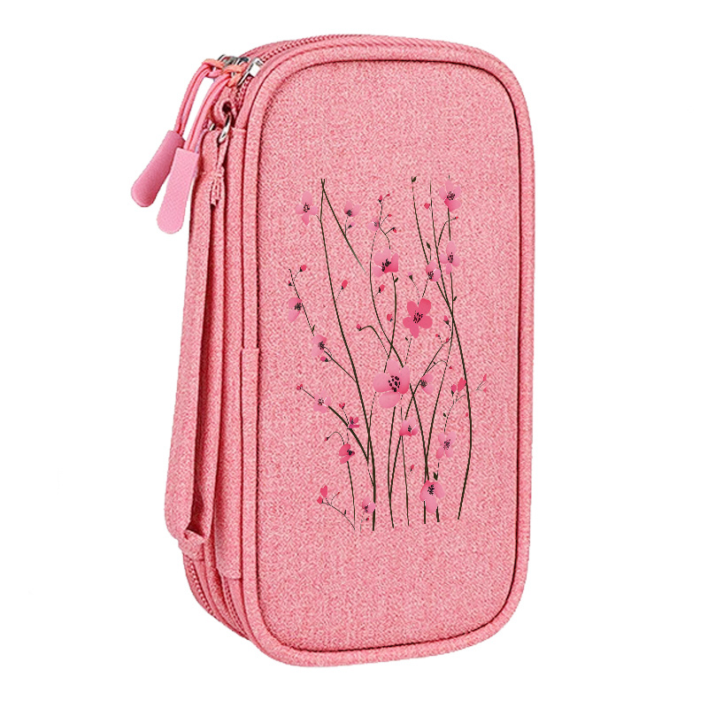 TEMU 1 Pink Floral Branch + Simple And Travel Cable Organizer Bag - Double-layer Zipper Organizer Bag With Multiple Pockets For Electronic