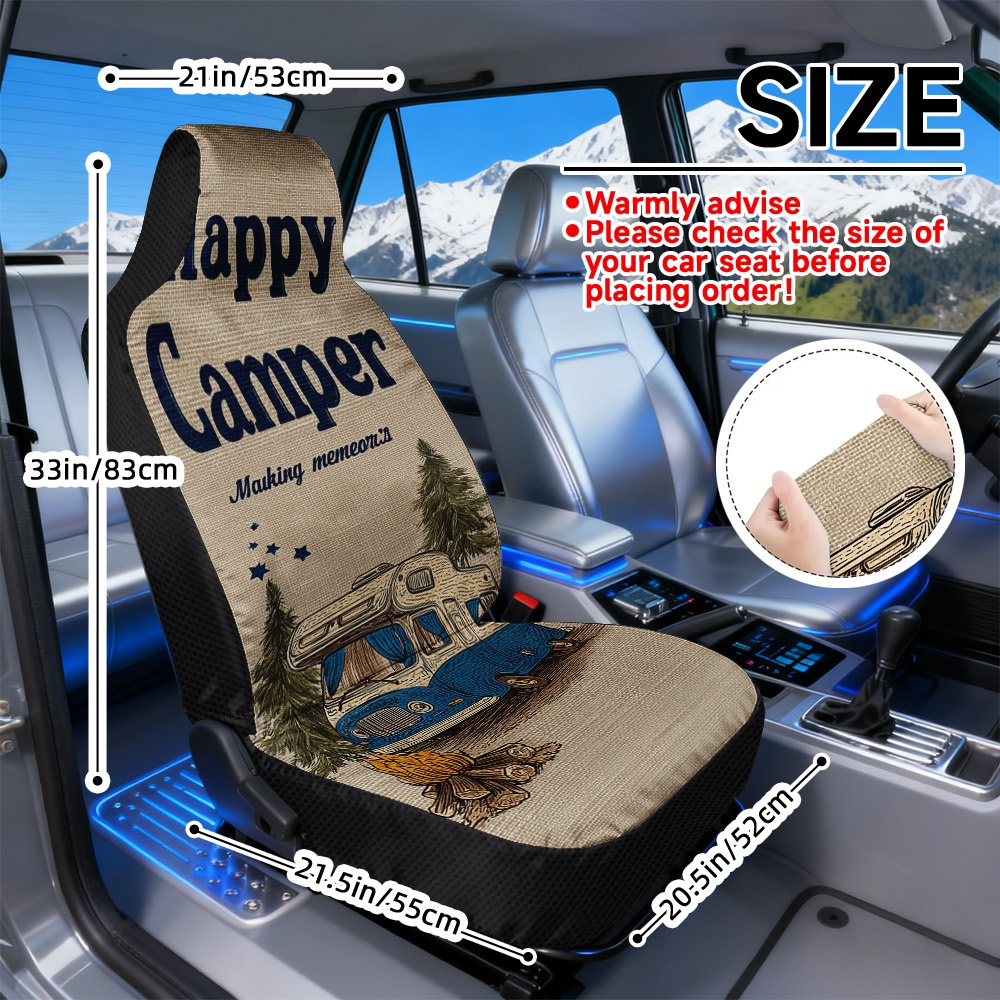 TEMU 2d Flat Printing, 2pcs Auto Seat Covers, Camping Adventure Scene Design, Universal Fit For Front Seats, Comfortable Car Seat Covers, , Machine