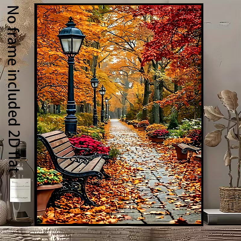 TEMU 2d Flat, 2d Flat, 1pc Frameless Canvas Print, Autumn Forest Path With Fallen Leaves, Empty Bench, Flower Bed Decoration. Sizes 8x12, 12x18,