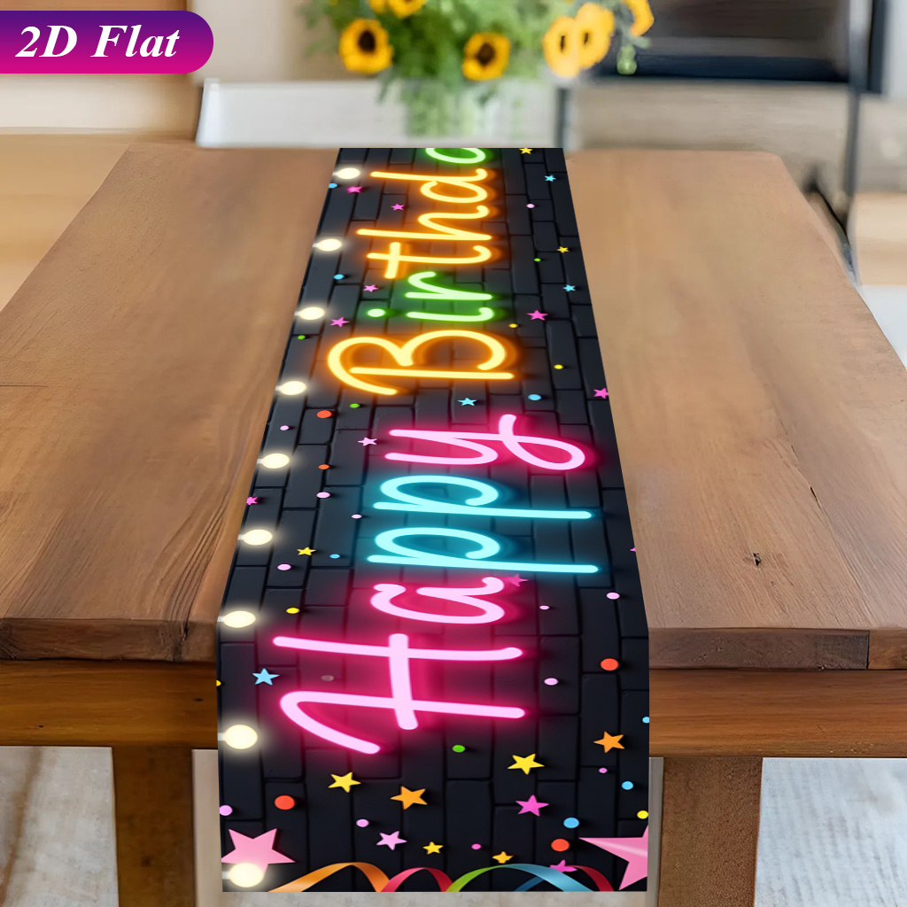 TEMU Chemin de table plat 2D 1pc, Lumière néon Anniversaire, Nappe rectangulaire, Chemin de table imprimé , Matériau en polyester, Décoration