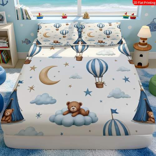 2 3pcs 2d flat printing fitted sheet cute cartoon style hot air balloon tent theme bedding blue and cloud moon print nursery bedroom decor 1 fitted sheet 1 2 pillowcases without core 2d flat