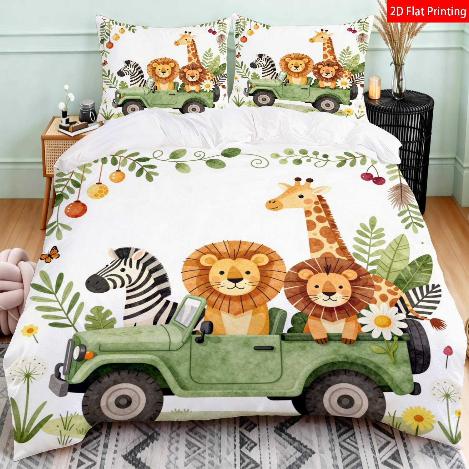 TEMU 2/3pcs 2d Flat Printing Cartoon Animal Themed Quilt Cover Bedding Green Jungle Lion Giraffe Zebra Print Suitable For Occasions(1 Duvet 1/2