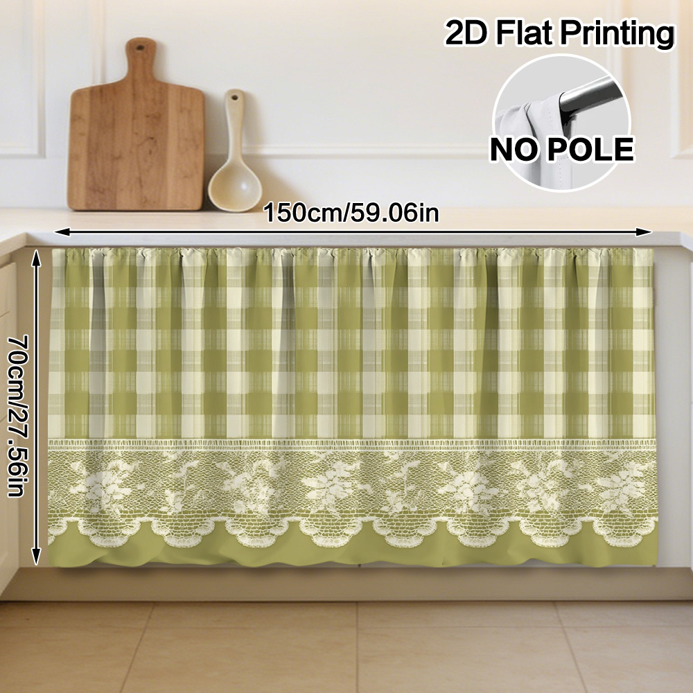 TEMU 2d Flat, 1pc Cabinet Curtain - Green Checkered Lace Decor Pattern, Simple Hanging Style, , Washable, Stable Structure, Space-saving, Practical